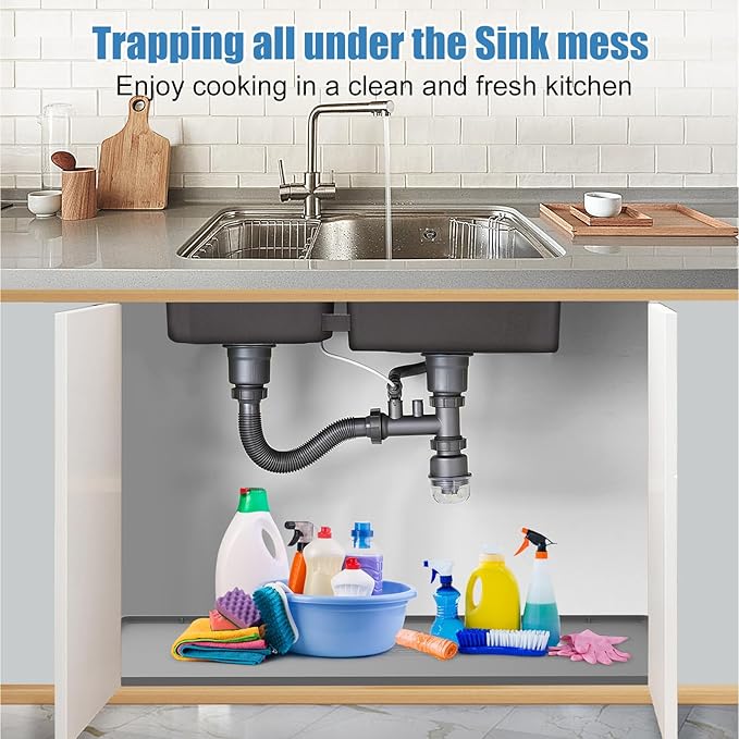 Under Sink Mat for Kitchen Waterproof, 40" x 19" Silicone Under Sink Liner Kitchen & Bathroom Cabinet Protector Mats, Heavy Duty Flexible Under Sink Drip Tray with Lip, Cool Grey
