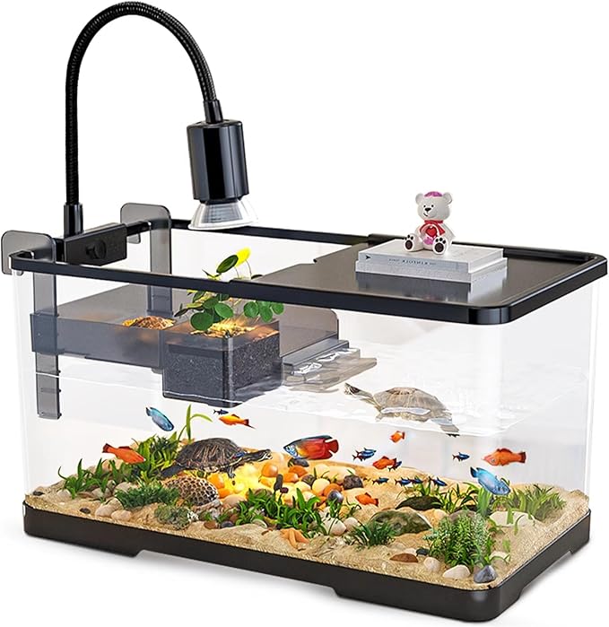 (Tank + Light + Filter Balls) Turtle Tank Kit, Turtle Tank Starter Kit,Bottom Drainage, Multi-Function Areas for Turtles, Crabs,Fishes, Amphibians,Reptiles. (15.75 x 8.64 x 8.64 Inch)