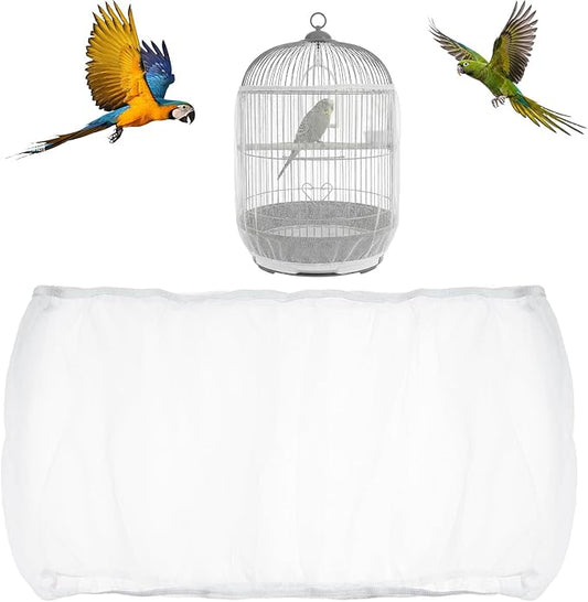 Bird Cage Seed Catcher, Adjustable White Bird Cage Net Birdcage Cover Skirt Nylon Mesh Netting, Stretchy Birds Cages Guard for Parrot Parakeet Macaw African Any Cages Cover