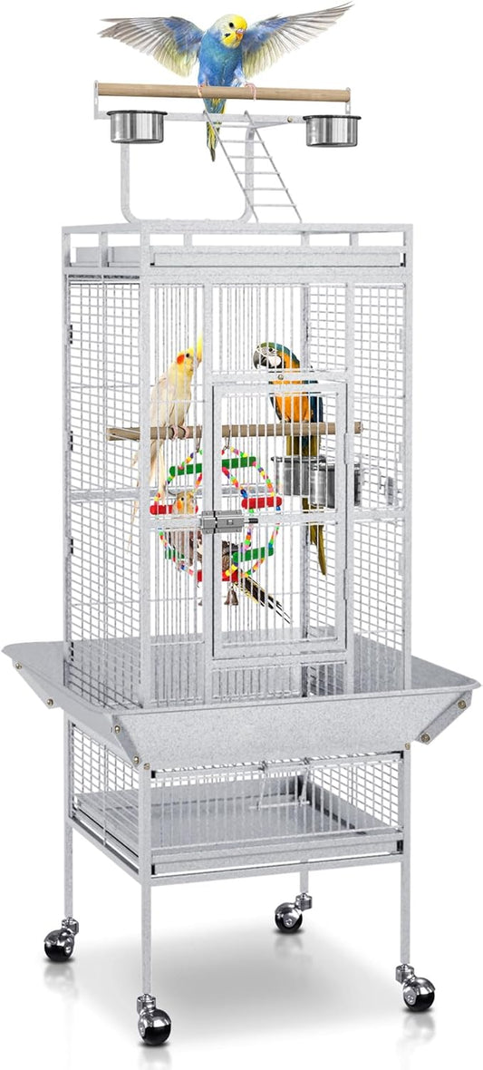 SUPER DEAL PRO 61-inch 2in1 Large Bird Cage with Rolling Stand Playtop Parrot Chinchilla Finch Cage Macaw Conure Cockatiel Cockatoo Pet House Wrought Iron Birdcage, White