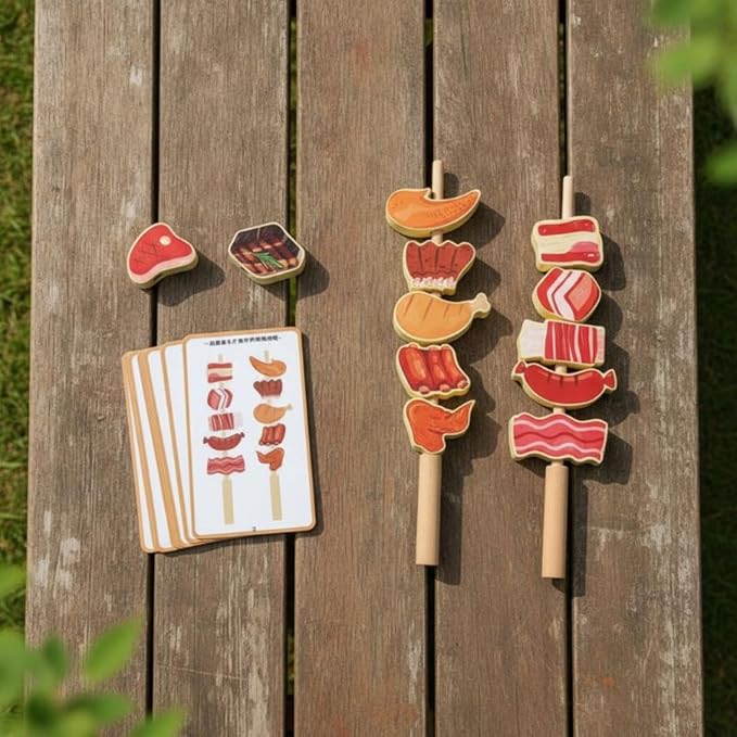 Children Cognitive Game Fruit Lacing Beads Threading Toy Stacking Blocks Matching Cards Wooden Educational Set for Counting Practice and Shape Sorting, Seafood Skewers
