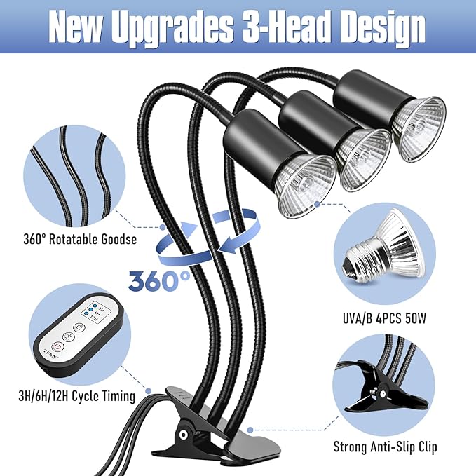Reptile Heat Lamp, Three Head Reptile Light with Cycle Timer,UVA UVB Light, dimmable Basking lamp for Tortoise, Bearded Dragon, Lizard, Snake, E26/27 Base with 4 Bulbs (50W)-Black