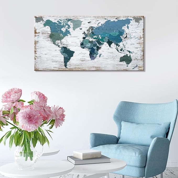 lagre Teal Decor 36inchx71inch World Map Canvas Wall Art Pictures