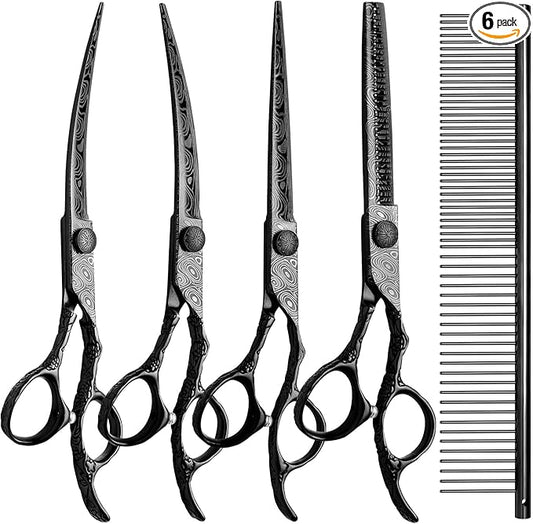 Dog Grooming Scissors,Black with Safety Round Tips,5 in 1 Curved Dog Scissors for Grooming,Professional Pet Grooming Shears Set for Dogs and Cats
