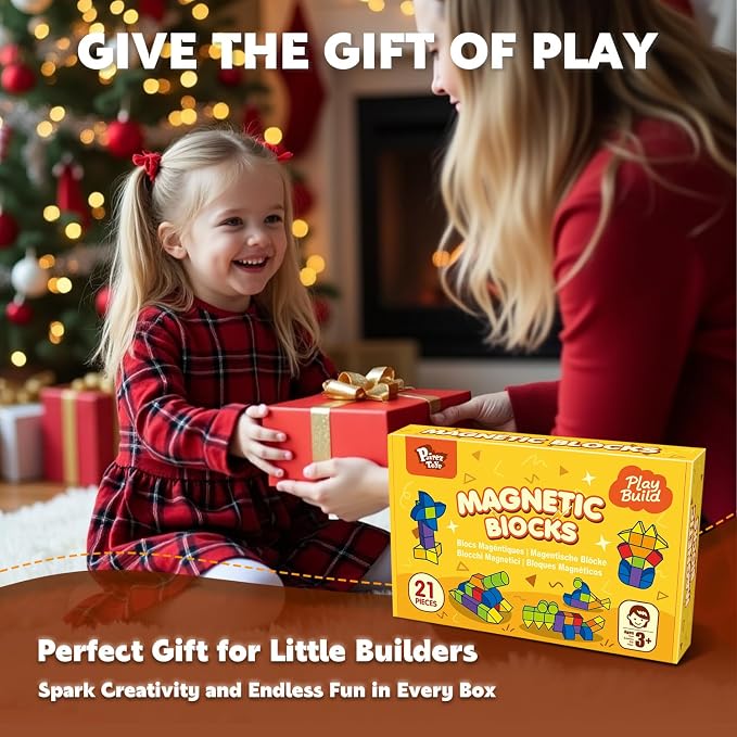 Pairez Toys Large Magnetic Building Blocks, 3D Shapes for Kids 3+ | 21 PCS Blocks, 6 Colors & 6 Shapes, Creative Open-Ended Play, Educational Learning Magnet Toy, Holiday Gift for Boys & Girls