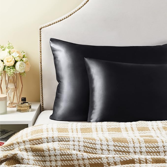 BEDELITE Satin Pillowcase for Hair and Skin, Super Soft and Cooling Similar to Silk Pillow Cases 2 Pack with Envelope Closure, Gift for Women Men(20"x30" Queen Size, Black)