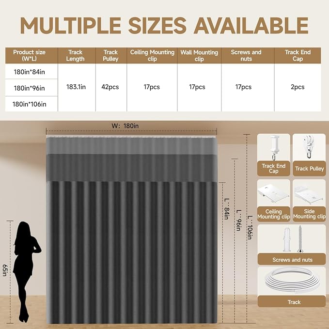Room Divider Ceiling Curtains W/Flexible Track Sets, inch Extra Long Blackout