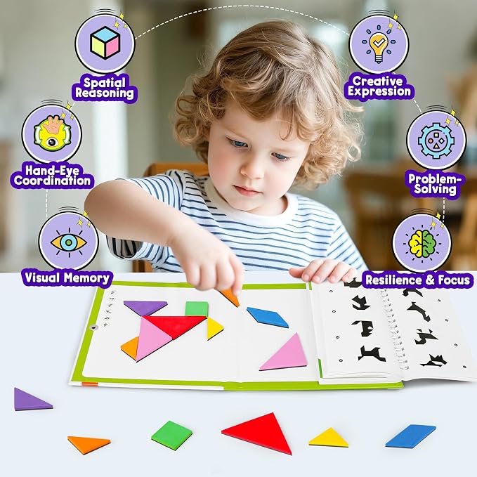 Travel Tangram Puzzle with 2 Sets Magnetic Jigsaw Boards & 368 Patterns and Solutions, Montessori STEM Airplane & Road Trip Games, Educational Brain Teaser Toy Gift for Kids & Adults