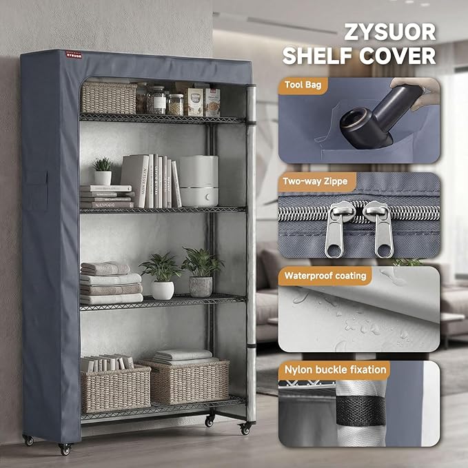 Shelf Cover for Wire Shelving Unit, Fits 36" W x 14" D x 54" H, 600D Waterproof Rack Cover with Side Storage Bag, Dustproof Shelving Cover for Kitchen & Laundry Room (No Shelves Included)