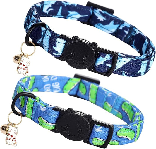 Elegant little tail 2 Pack Cat Collar-Shark Print Cotton Breakaway Cat Collars with Bell Pendant Kitten for Boy Safety Adjustable Collar for Small Cats Puppy
