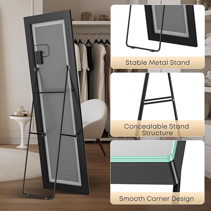 Kosmonia 59x16 Frameless Full Length Mirror, Dimmable 3 Color LED Light