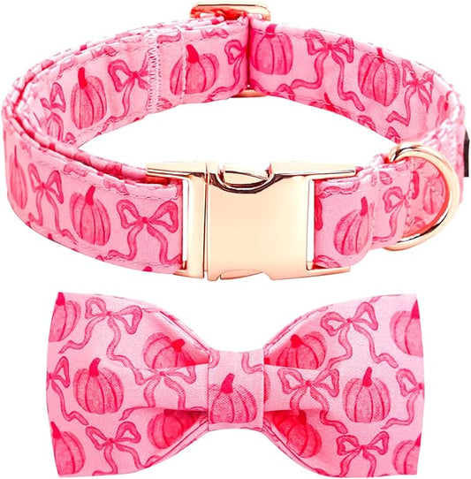 Dog Collar, Pink Pumpkin Print Adjustable Pet Collar Cute Cotton Soft Collars with Bow Tie Fall Metal Buckle Holiday Puppy Collars Boy&Girl Gift for Medium Dogs