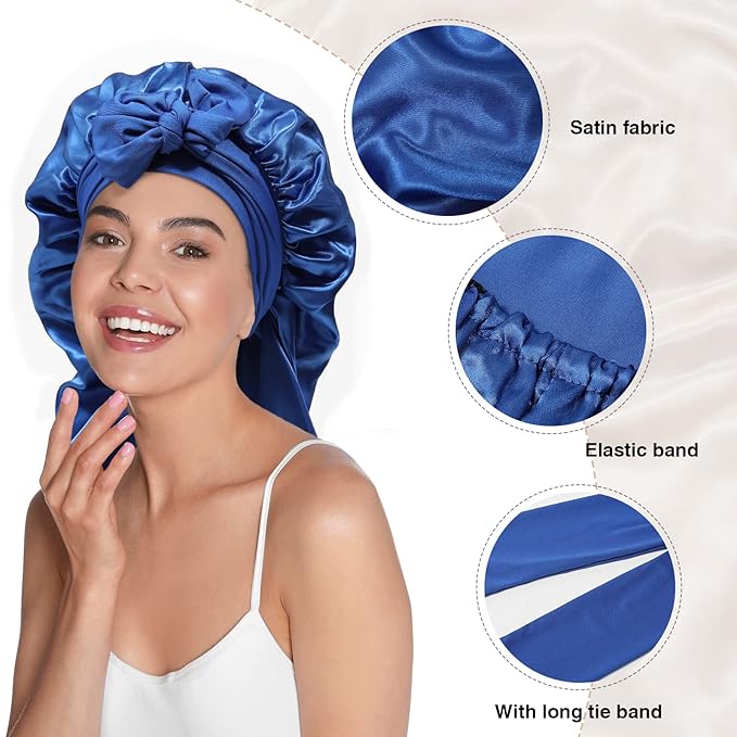 AWAYTR Long Satin Bonnet for Braids - Elastic Silk Hair Bonnets for Sleeping Night Cap Stretchy Tie Band for Women（Royal Blue）