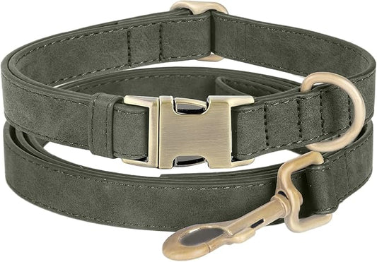 Genuine Leather Dog Collar - Adjustable Pet Collar with Quick Release Metal Buckle, Soft Skin Friendly Real Leather Collar for Small, Medium, Large Dogs (Dark Green Collar + Rope, S：Fit 8-16" Neck)