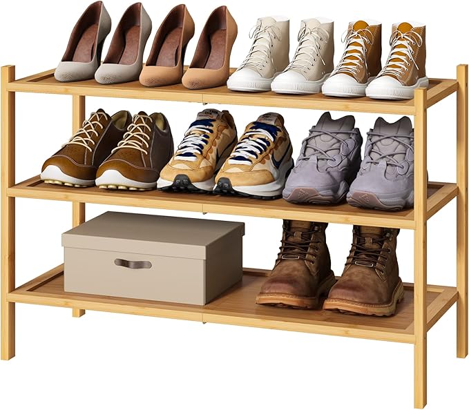 kiplant 3-Tier Shoe Rack for Closet, Bamboo Wood Shoe Rack for Indoor & Outdoor, Stackable Shoe Organizer for Entryway (Natural, 3-Tier)