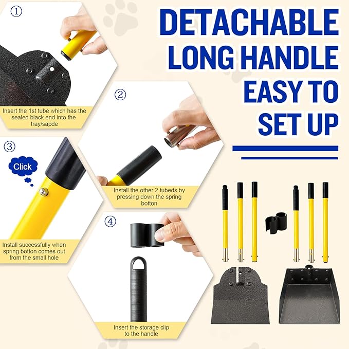 Pooper Scooper for Large Dogs, Adjustable Long Handle Metal Tray and Spade Poop Scooper for Dogs with Bin for Pet Waste Removal, No Bending Clean Up Pooper Scooper for Medium and Large Dogs