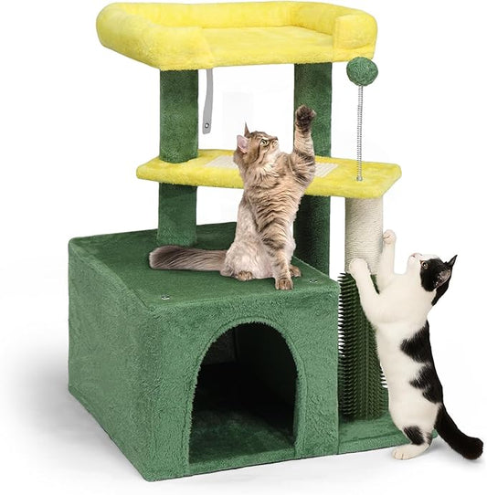 VINGLI Cat Tree, 27 inch Small Cat Tower with Scratching Post and Pad, Cat Condo for Indoor Kittens Padded Top Bed, Cats Indoor Activity Center (Yellow & Green)