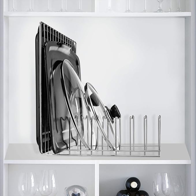 Pot Lid Organizer, Kitchen Plate Rack Holder Rest, Storage Cutting Boards, Bakeware, Pots & Pans, Serving Trays, Reusable Containers in Cabinet Pantry, Stainless Steel