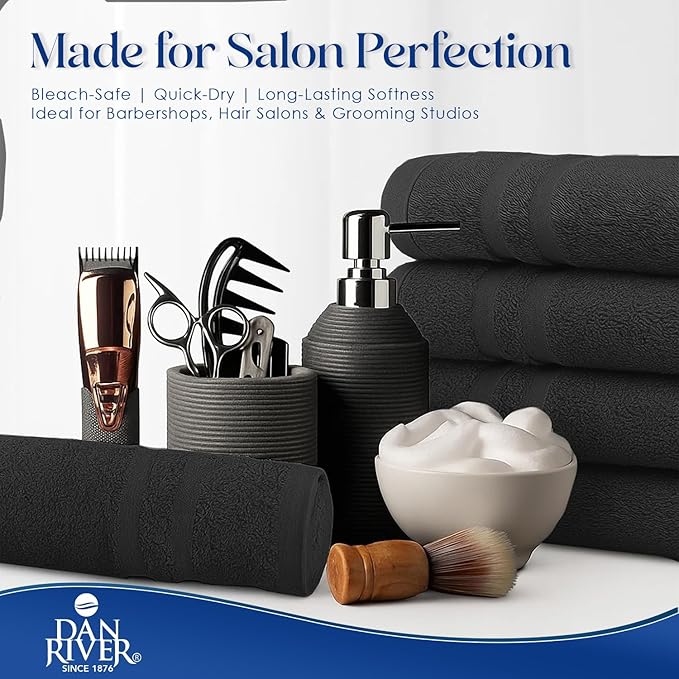 DAN RIVER 100% Cotton Salon Towels Set – 16x26 inches, Pack of 24, Highly Absorbent and Quick-Dry Towels for Hand, Salon, Spa, Beauty, Gyms and Home Hair Care, Black