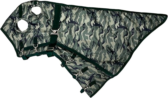 AJ Tack 1200D Waterproof Winter Horse Blanket with Hood - 400g Heavyweight Turnout with Fleece Collar, Shoulder Gussets & Tail Flap - Camouflage 70"