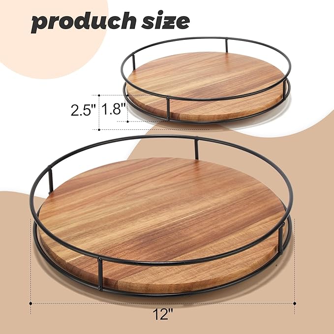 12" Acacia Wood Lazy Susan Turntable, Tomoaza Kitchen Organizer Turntable with Steel Sides, 360 Degree Lazy Susan for Countertop Cabinet or Dining Table(Black)
