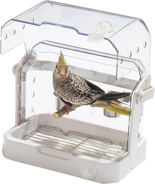 Bird Travel Cage, 10×6.7×8.3 Inches Waterproof & Sturdy Pet Carrier with Perch & Food Bowls, Portable Cage for Budgies, Cockatiels, Lovebirds & Small Birds