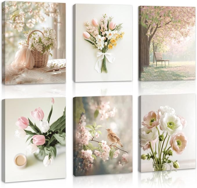 HOURIA 6Pcs Spring Flower Canvas Wall Art Set(8”x10”),Pink Green White Floral Botanical Wall Decor,Spring Nature Landscape Tulip Flowers Daisy Sparrow Art Prints for Farmhouse Living Room Bedroom Home