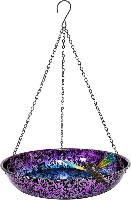 Hanging Bird Bath for Outdoor 11 Inch Colorful Purple&Blue Metal Bird Feeder Birdbath Bowl Mounted Rust-Proof Black Chain Metal Dragonfly Yard Art Garden Decor