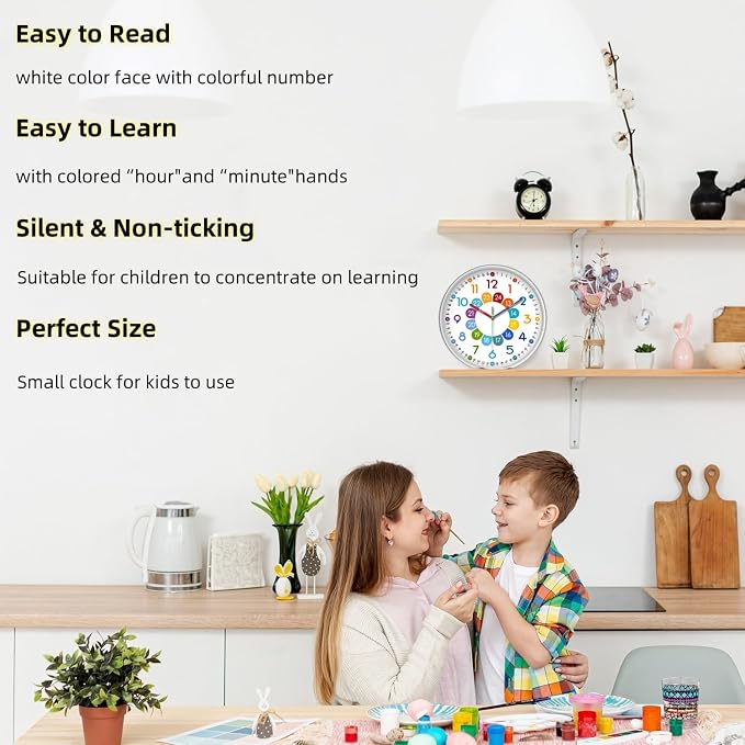 XFM Silent Kids Wall Clock 8 Inch Non Ticking Battery Operated Kids Teaching