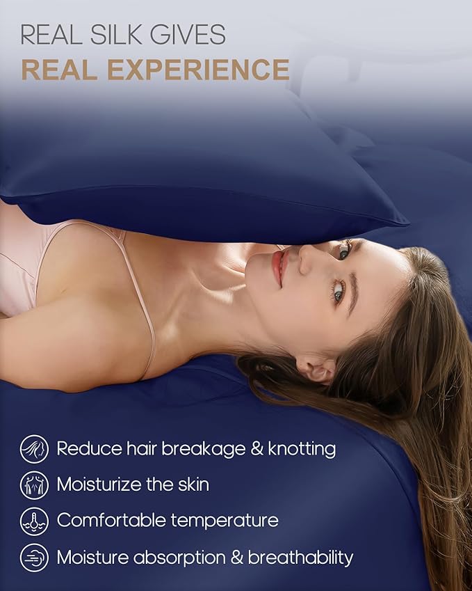 THXSILK Set of 2 100% Mulberry Silk Pillowcase for Hair and Skin, Grade 6A+ Mulberry Silk Pillow Cases 22 Momme, Hypoallergenic Pillow Case Cover with Zipper (California King 20"x40", Navy Blue)