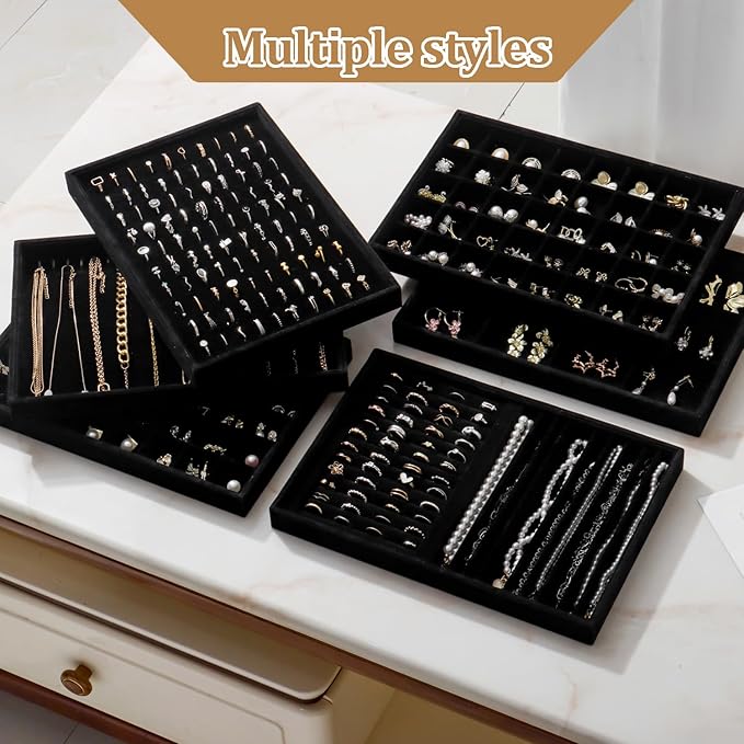 Large Velvet Jewelry Tray 2 Pack Stackable Jewelry Display Drawer Inserts Trays Organizer for Earring Bracelet Necklace Ring (Black, Ring 81 Slots)