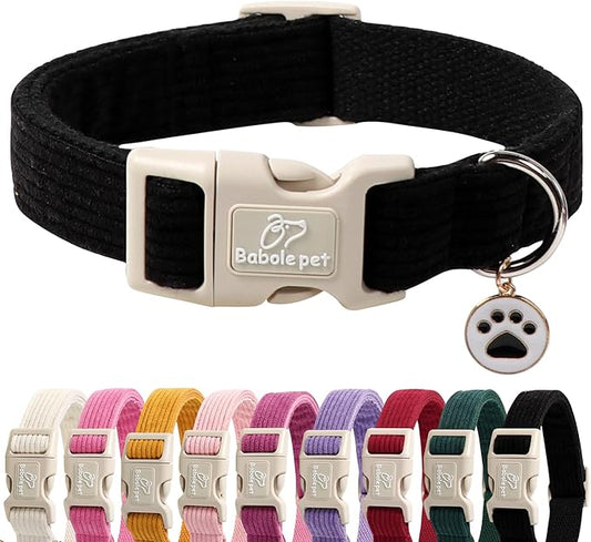 Cute Corduroy Dog Collar - Black Adjustable Dog Collars for X-Small Dogs 4-10lbs, Fade-Proof with Secure Snap & Little Charm, Christmas Birthday Gift, XS
