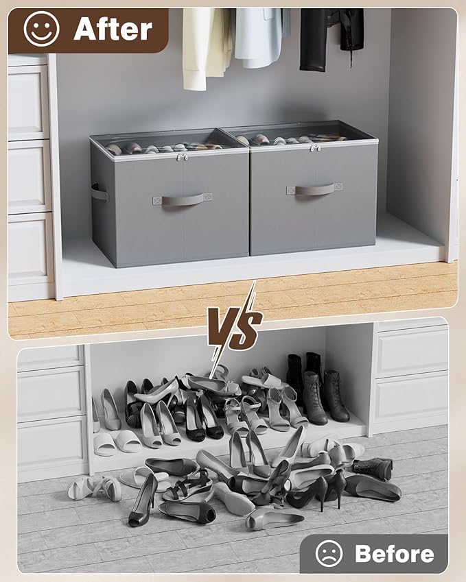 Rolling Shoe Organizer Boxes with Dividers, 2 Pack – Gray