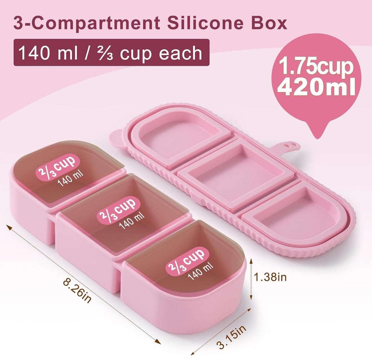 3Pack Silicone Reusable Snack Containers for Kids - 14 oz 3 Compartment Small Snackle Box with Lids for Lunch & Sauce, Food Storage for School, Travel, Work