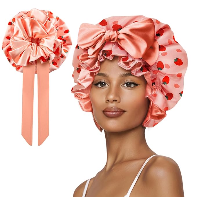 Silk Bonnet for Sleeping Women, Satin Hair Shower Cap 2025 Tie Band Adjustable Straps Head Wrap for Curly Hair Strawberries F