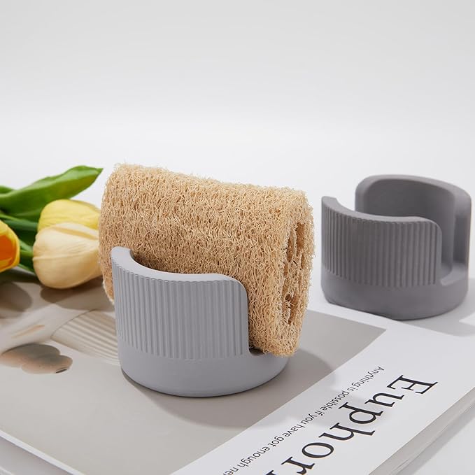Quick Drying Diatomite Stone Sponge Holder, Compact Sponge Caddy for Kitchen Sink Counter, Water-Absorbing Round Organizer with Wide Slot, 1 Pack, Light Grey