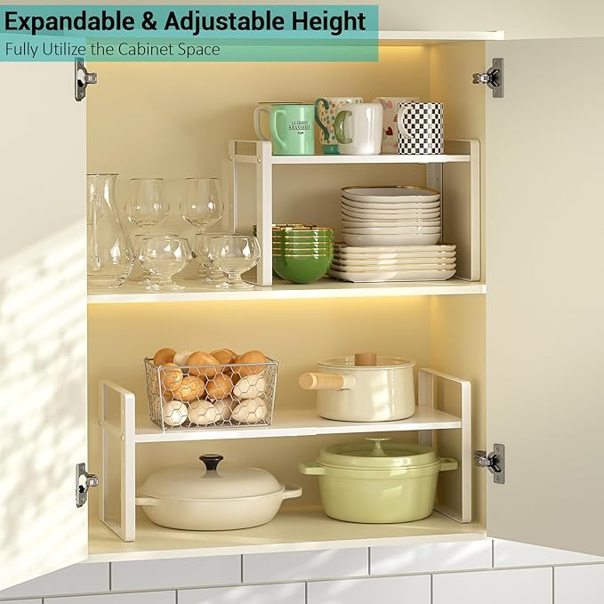 2 Pack Expandable Cabinet Organizer Shelves, 88lbs High Weight Capacity, Stackable Heavy-Duty Metal Storage Rack, Adjustable Cabinet Shelf for Kitchen, Pantry, Cupboard, Under Sink, White