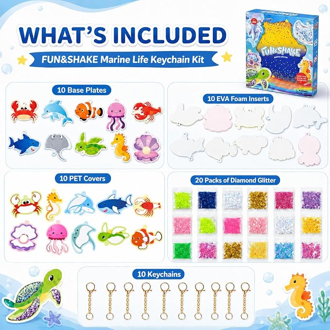 DIY Glitter Craft Kit with Keychains - Mess-Free Arts and Crafts for Kids Ages 4-8, Fun Shake-It Activity, Creative Travel Toys, Party Favors & Birthday Gifts for Girls 4-9
