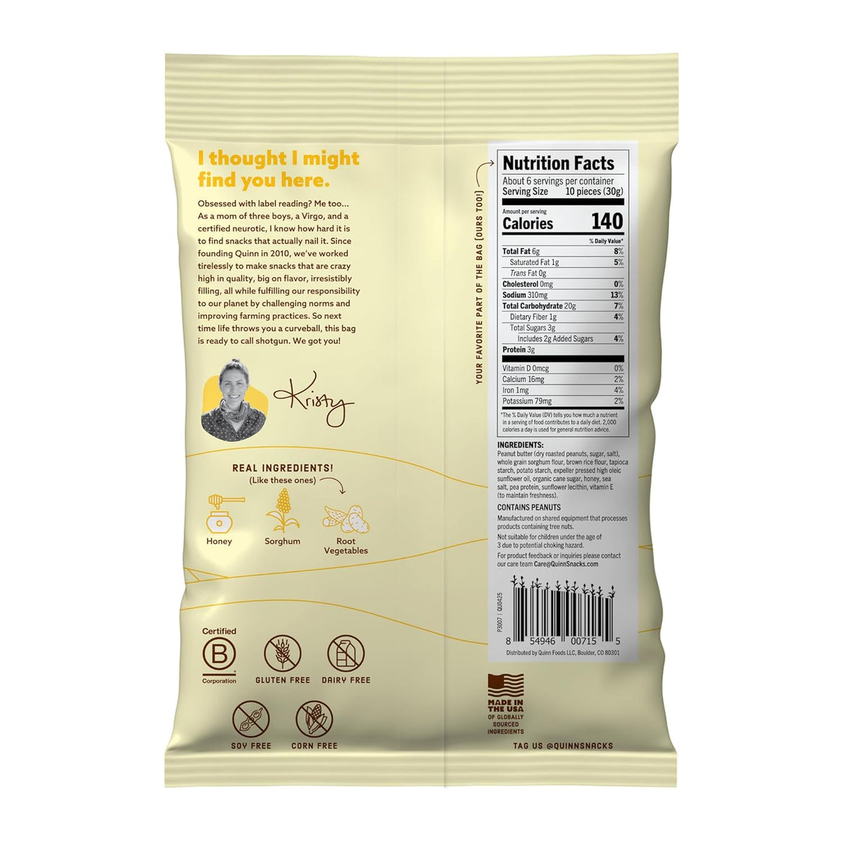 Quinn Snacks Peanut Butter & Honey Filled Pretzel Sticks - Gluten Free Snack, Sweet & Salty, Made with Real Natural Ingredients, Peanuts, Sorghum, & Root Vegetables, Dairy Free - 6 oz (Pack of 1)