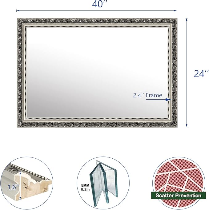HA Bathroom Mirrors 40x24 Inch for Wall, Rectangle Silver Frame Wall Mounted