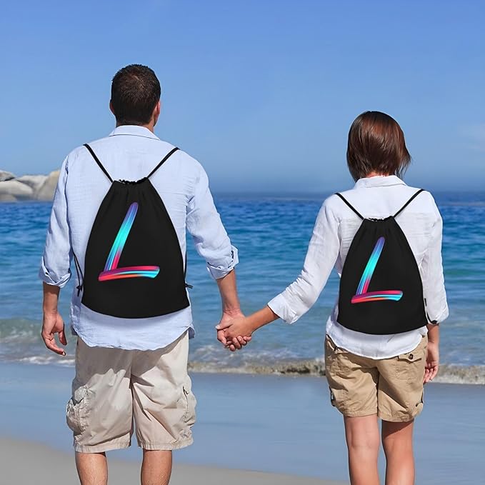 Drawstring Bags Initial Drawstring Backpack Sackpack Black Draw String Cinch Bags for Sports, Gym, Travel, Swimming, Beach, Camping, Rainbow Letter L