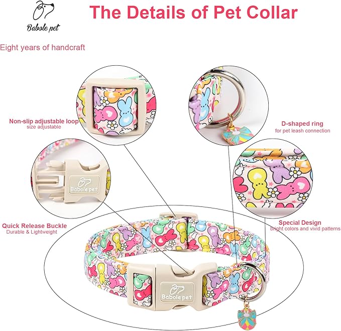Easter Dog Collar for Small Dogs - Colorful Bunny Print Easter Collar for Male Female Dogs, Lightweight Adjustable Spring Holiaday Dog Collars with Quick Release Buckle S