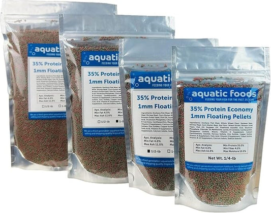 Aquatic Foods Inc. 1mm - 1/32, 35% Protein Economy Floating Pellets for All Community Fish, Tetras, Guppies, Angel Fish, Cichlids, Goldfish. All Tropical Fish - WL…1-lb Foil Pouch Bag