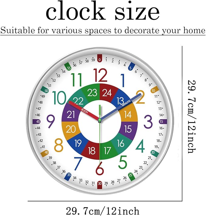 XFM Learning Clock for Kids Silent Non Ticking Battery Operated Colorful