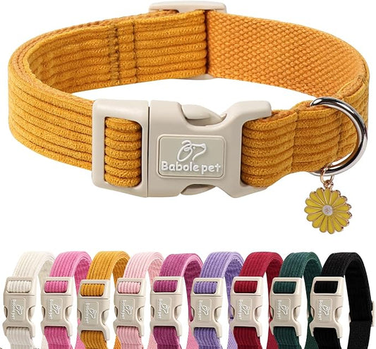 Cute Corduroy Dog Collar - Mustard Yellow Adjustable Dog Collars for Large Dogs 50-80lbs, Fade-Proof with Secure Snap & Little Charm, Christmas Birthday Gift, L