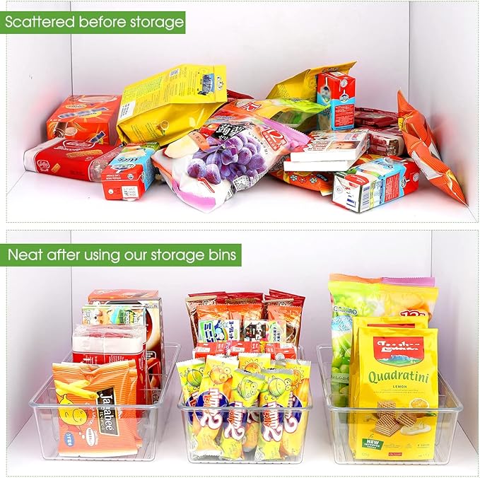 Clear Pantry Snack Organizer Bins with Dividers, 4 Pack