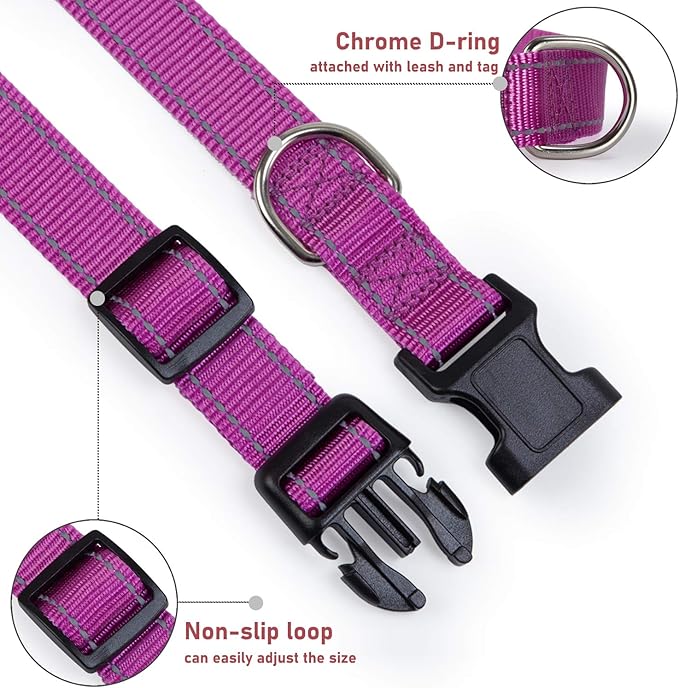 Reflective Dog Collar with Buckle Adjustable Safety Nylon Collars for Small Medium Large Dogs, Purple S