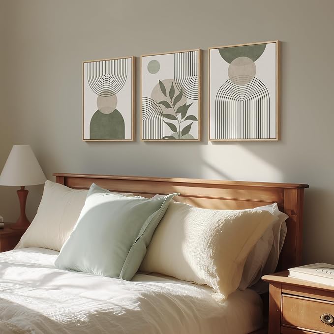 Framed Sage Green Boho Wall Art Bedroom, 3 Piece Beige Bohemian Canvas