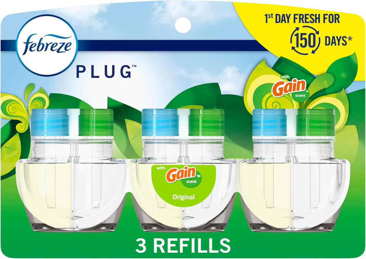 Febreze Plug In Air Freshener, Odor-Fighting Scented Oil Refill, Air Fresheners for Home and Bathroom and Kitchen, Long Lasting for Strong Odors, Gain Original Scent, 0.87oz Refills, 3 Count