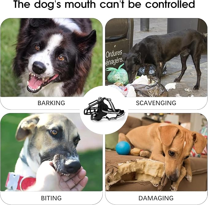 Dog Muzzle, Breathable Basket Muzzles for Small Medium Large Sized Dogs, Adjustable Humane Cage Mouth Cover for Scavenging Grooming Biting Chewing, Allows Panting and Drinking(Soft Rubber, M)